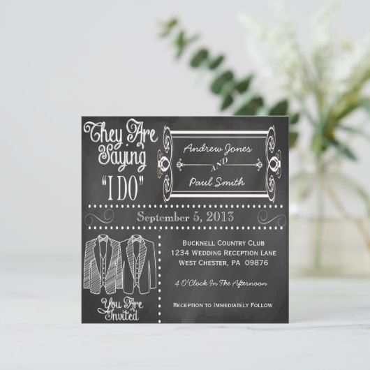 Chalkboard Tuxedo Gay Wedding Invitations Kaart (Staand voorkant)