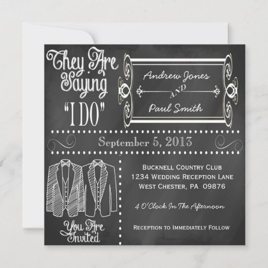 Chalkboard Tuxedo Gay Wedding Invitations Kaart (Voorkant)