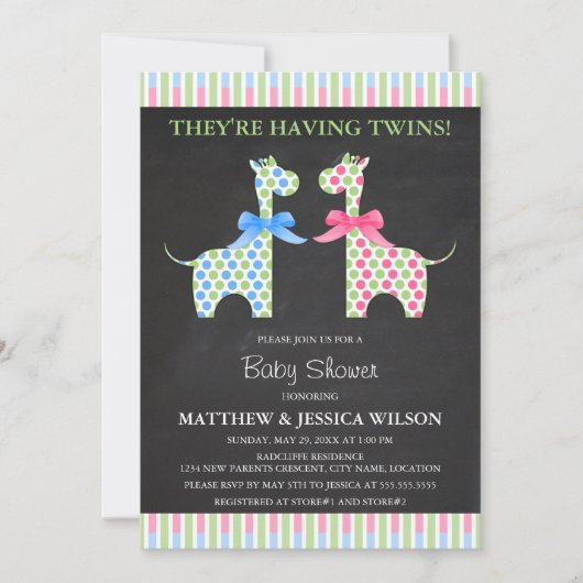 Chalkboard Twin Boy and Girl Giraffe Baby shower Kaart (Voorkant)