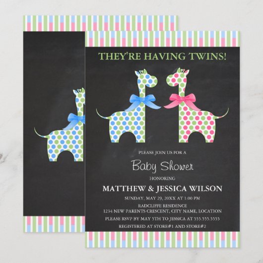 Chalkboard Twin Boy and Girl Giraffe Baby shower Kaart (Voorkant / Achterkant)