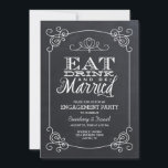 Chalkboard Typografie Engagement Party Kaart<br><div class="desc">Modern chique uitnodigingsontwerp voor verlovingsfeestjes met grillige typografie die Eat, Drink en Be Married leest. Achtergrond heeft een rand met scroll hoek details op een afgedrukte faux krijtbord textuur. Klik op de knop IT AANPASSEN om lettertypen aan te passen, tekst te verplaatsen en uw eigen unieke, unieke uitnodigingsontwerp te creëer....</div>