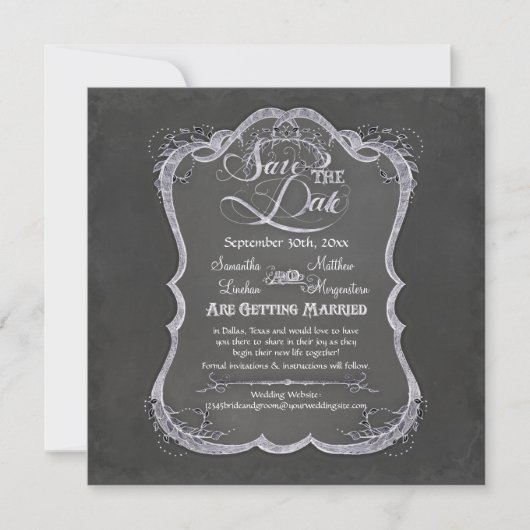 Chalkboard Typographic Leaf Swirl Rustic Wedding Kaart (Voorkant)
