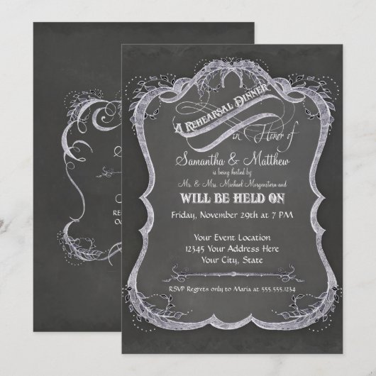 Chalkboard Typographic Leaf Swirl Rustic Wedding Kaart (Voorkant / Achterkant)