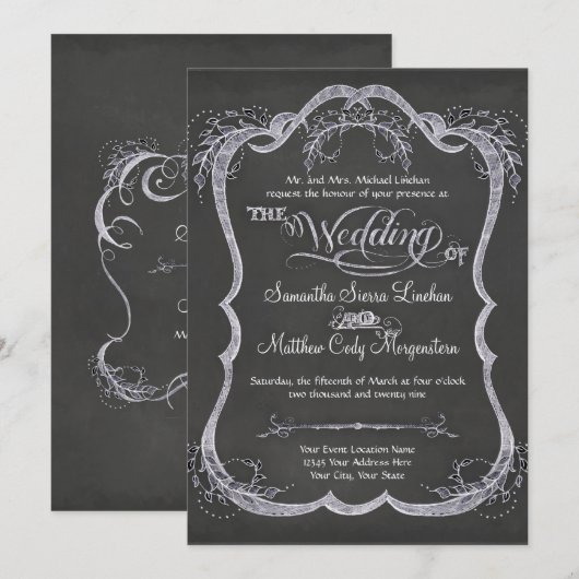 Chalkboard Typographic Leaf Swirl Rustic Wedding Kaart (Voorkant / Achterkant)