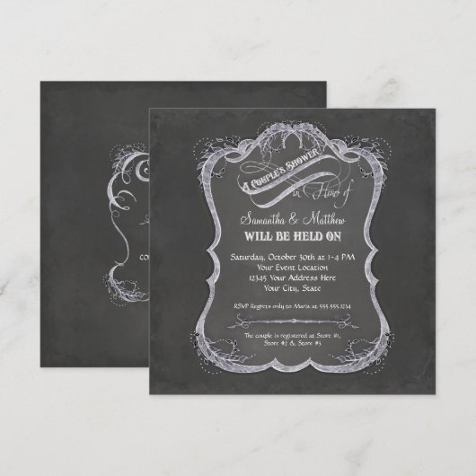 Chalkboard Typographic Leaf Swirl Rustic Wedding Kaart (Voorkant / Achterkant)