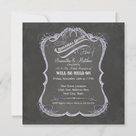Chalkboard Typographic Leaf Swirl Rustic Wedding Kaart (Voorkant)