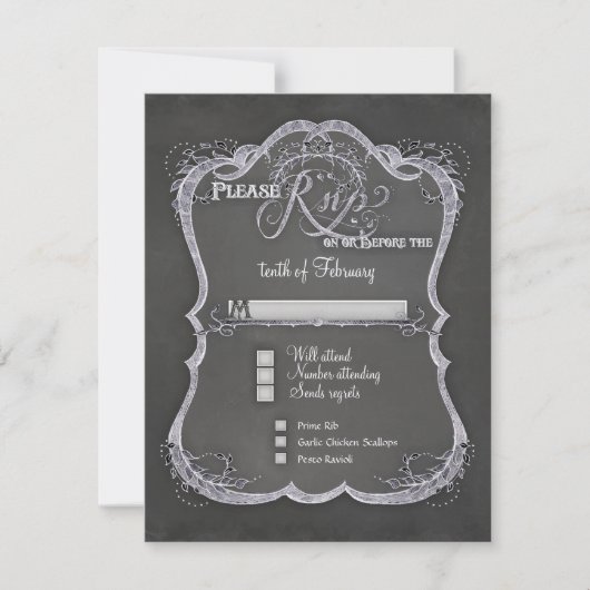 Chalkboard Typographic Leaf Swirl Rustic Wedding RSVP Kaartje (Voorkant)