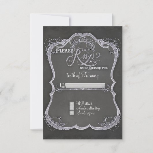 Chalkboard Typographic Leaf Swirl Rustic Wedding RSVP Kaartje (Voorkant)