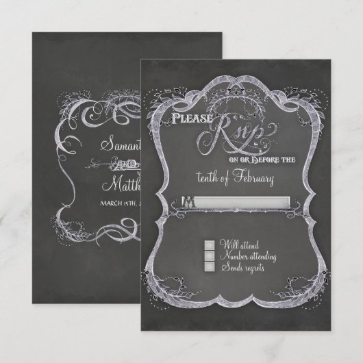 Chalkboard Typographic Leaf Swirl Rustic Wedding RSVP Kaartje (Voorkant / Achterkant)