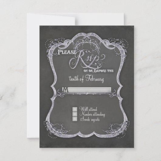 Chalkboard Typographic Leaf Swirl Rustic Wedding RSVP Kaartje (Voorkant)