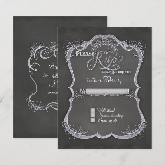 Chalkboard Typographic Leaf Swirl Rustic Wedding RSVP Kaartje (Voorkant / Achterkant)
