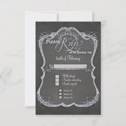 Chalkboard Typographic Leaf Swirl Rustic Wedding RSVP Kaartje (Voorkant)