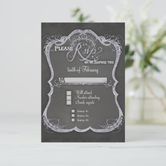 Chalkboard Typographic Leaf Swirl Rustic Wedding RSVP Kaartje (Staand voorkant)