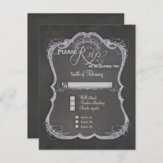 Chalkboard Typographic Leaf Swirl Rustic Wedding RSVP Kaartje (Voorkant / Achterkant)
