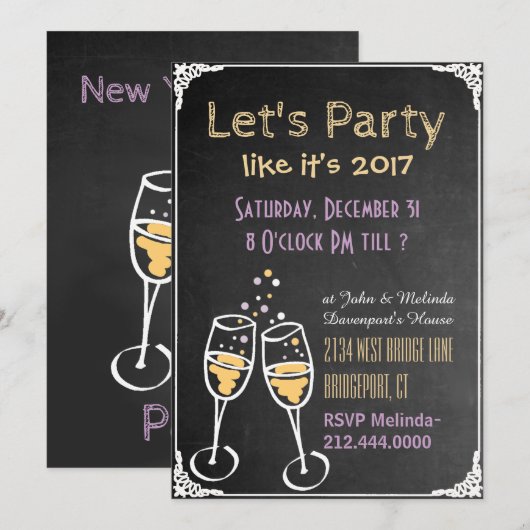 Chalkboard Typography New Years Party Invitation Kaart (Voorkant / Achterkant)