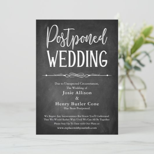 Chalkboard Typography Postponed Wedding Kaart (Staand voorkant)