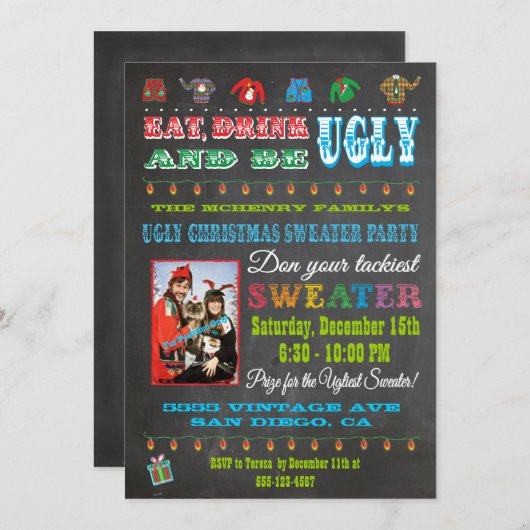 Chalkboard Ugly KerstSweater Fotouitnodiging Kaart (Voorkant / Achterkant)