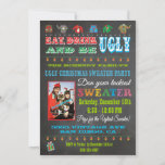 Chalkboard Ugly KerstSweater Fotouitnodiging Kaart<br><div class="desc">Geweldig lelijke trui-kerstfeest in een krijtbordstijl. Moderne brieven, kerstlichten en lelijke zweten tegen een achtergrond van het bord. Vervang enkel de foto hier met uw foto wordt getoond en pas aan passen die aan. Als je me nodig hebt om de uitnodiging in te stellen, neem dan contact met me op....</div>