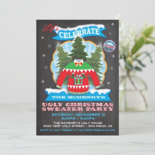 Chalkboard Ugly KerstSweater Invitations Kaart (Staand voorkant)