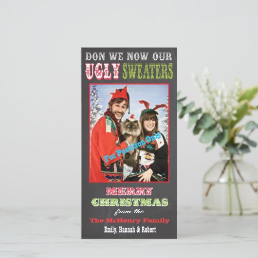 Chalkboard Ugly KerstSweater Photo Card Feestdagenkaart (Staand voorkant)