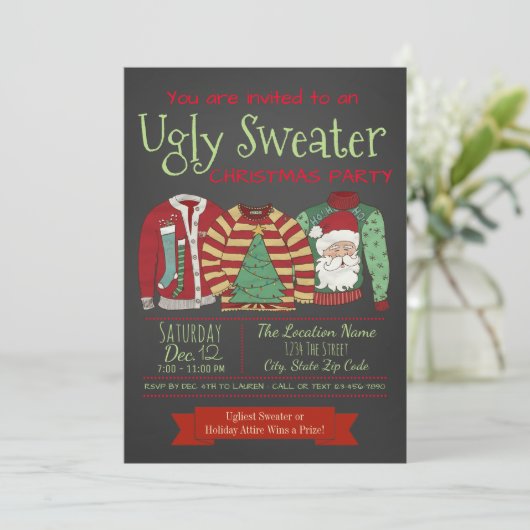 Chalkboard Ugly Sweater Kerstparty Kaart (Staand voorkant)