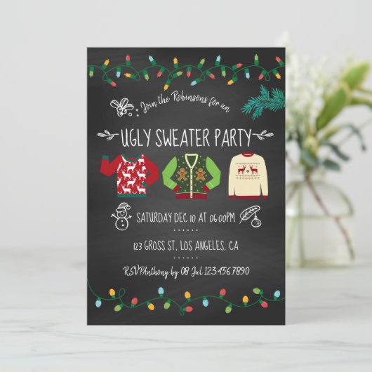 Chalkboard Ugly Sweater Kerstparty Kaart (Staand voorkant)
