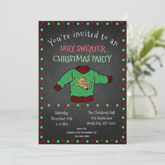 Chalkboard Ugly Sweater Kerstparty Kaart (Staand voorkant)