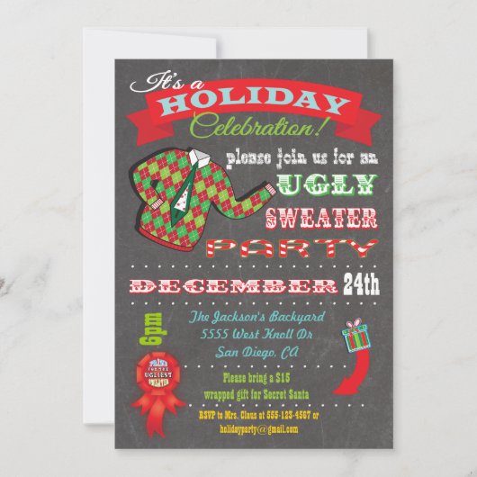 Chalkboard Ugly Sweater Kerstparty Kaart (Voorkant)