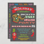 Chalkboard Ugly Sweater Kerstparty Kaart<br><div class="desc">Super cool Ugly Sweater Holiday Kerstparty uitnodigingen met een illustratie van een lelijke trui,  leuke typografie en banners op een achtergrond van een krijgsraad. Met de hand getekende illustratie door McBooboo.</div>