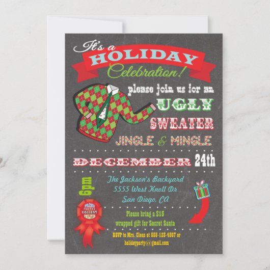 Chalkboard Ugly Sweater Kerstparty Kaart (Voorkant)