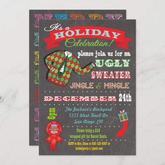 Chalkboard Ugly Sweater Kerstparty Kaart (Voorkant / Achterkant)