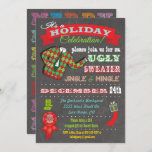 Chalkboard Ugly Sweater Kerstparty Kaart<br><div class="desc">Super cool Ugly Sweater Holiday Kerstparty uitnodigingen met een illustratie van een lelijke trui,  leuke typografie en banners op een achtergrond van een krijgsraad. Met de hand getekende illustratie door McBooboo.</div>