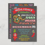 Chalkboard Ugly Sweater Kerstparty Kaart<br><div class="desc">Super cool Ugly Sweater Holiday Kerstparty uitnodigingen met een illustratie van een lelijke trui,  leuke typografie en banners op een achtergrond van een krijgsraad. Met de hand getekende illustratie door McBooboo.</div>