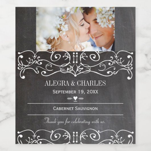 Chalkboard Uw Fotodatum Naam Bruiloft Wijn Label Etiket (Enkel label)
