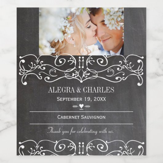 Chalkboard Uw Fotodatum Naam Bruiloft Wijn Label Wijn Etiket (Enkel label)