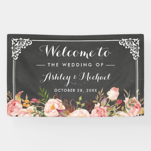  Chalkboard van de bruiloft Rustic Floral Spandoek (Horizontaal)
