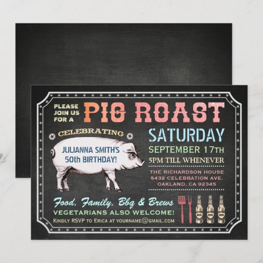 Chalkboard Varkensgebraden Uitnodigingen (Classy & (Voorkant / Achterkant)