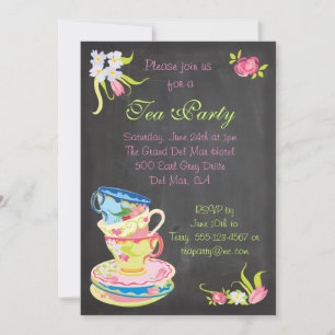 Chalkboard Victoriaans Stapelde Tea Cups Uitnodigi Kaart