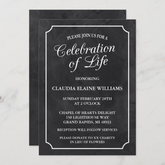 CHALKBOARD VIERING VAN HET LEVEN BEGRAFENISUITNODI KAART (Voorkant / Achterkant)