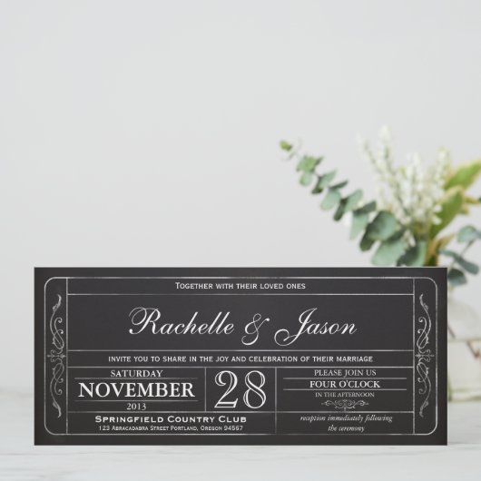 Chalkboard Vintage Wedding Ticket Uitnodiging (Staand voorkant)
