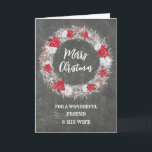 Chalkboard Vriend en Zijn Vrouw Vrolijk Kerstfeest Kaart<br><div class="desc">Vrolijk kerstfeest voor vriend en zijn vrouw kaart met rustiek land krijtbord patroon en besneeuwde krans met poinsettias.</div>