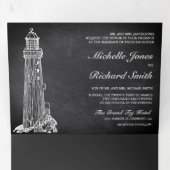 Chalkboard vuurtoren zeilboot nautische bruiloft drieluik uitnodiging (Binnenzijde eerst)