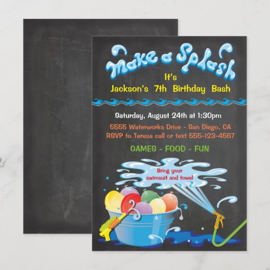 Chalkboard Water Balloon Birthday Pool Invitation Kaart (Voorkant / Achterkant)