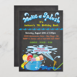 Chalkboard Water Balloon Birthday Pool Invitation Kaart