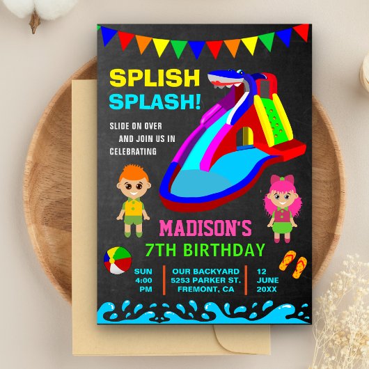 Chalkboard Water Slide Kids Birthday Party Invite Kaart