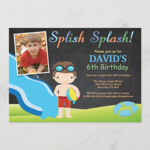 Chalkboard Water Slide Pool Birthday Party Boy Kaart