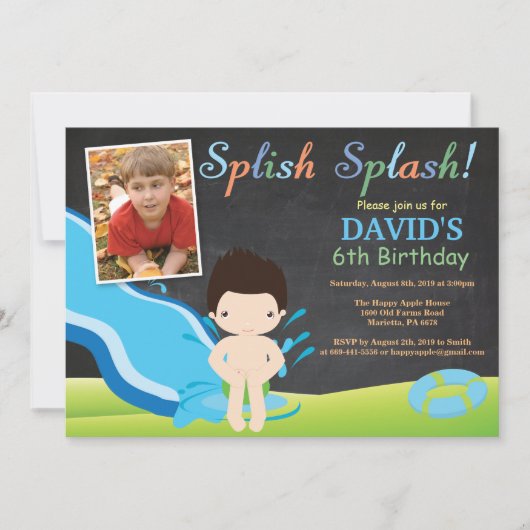 Chalkboard Water Slide Pool Birthday Party Boy Kaart (Voorkant)