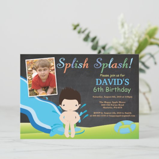 Chalkboard Water Slide Pool Birthday Party Boy Kaart (Staand voorkant)