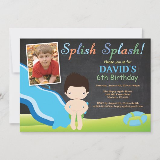 Chalkboard Water Slide Pool Birthday Party Boy Kaart (Voorkant)