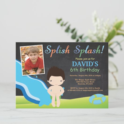 Chalkboard Water Slide Pool Birthday Party Boy Kaart (Staand voorkant)
